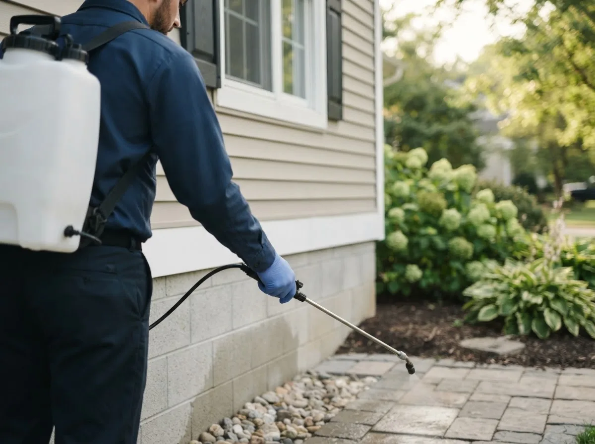 Pest control technician inspecting a home in Falcon, NC